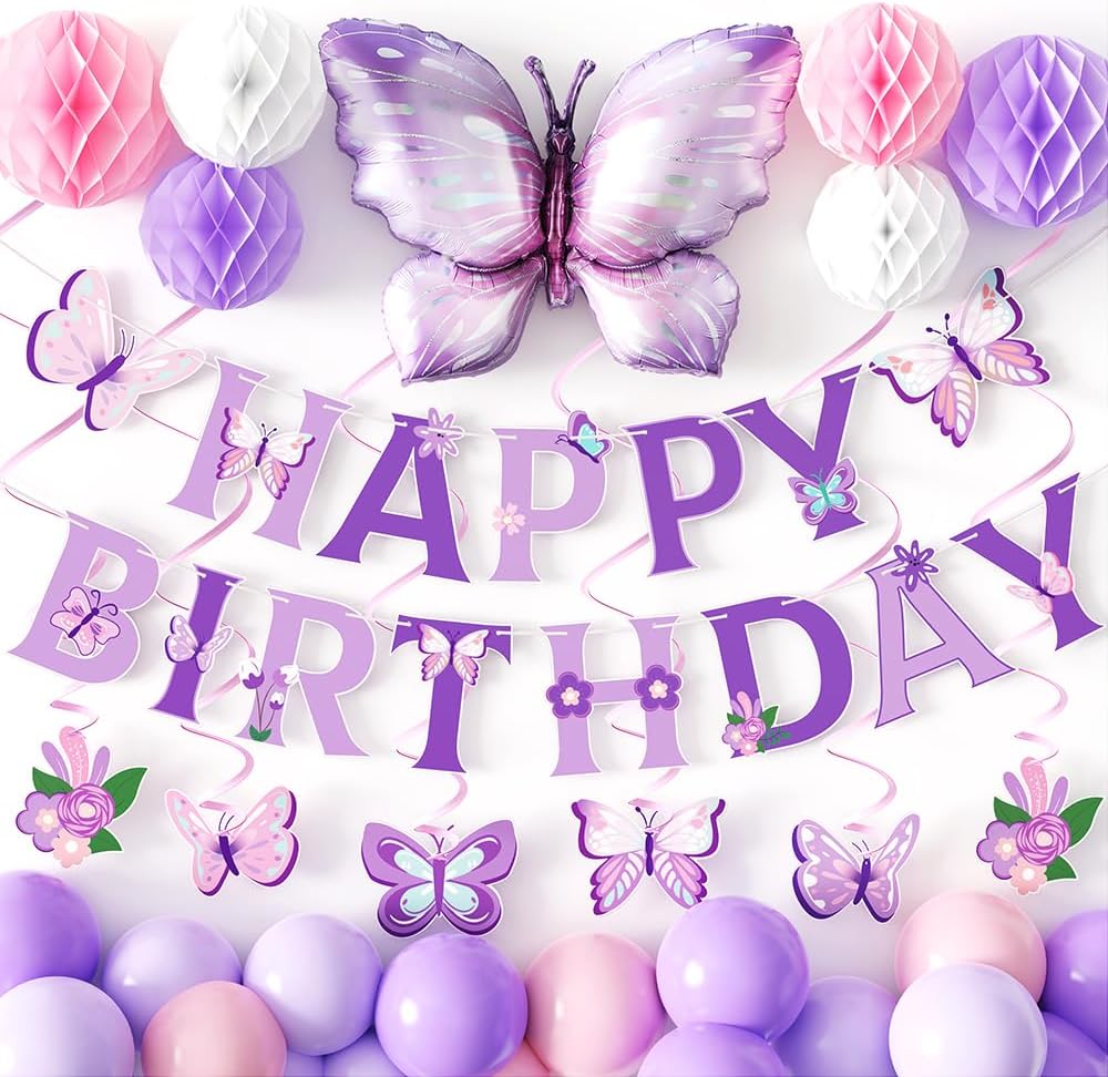 Purple Pink Birthday Party Decorations - Happy Birthday Banner, Spiral Pendant, Honeycomb Ball with Big Butterfly Foil Balloon