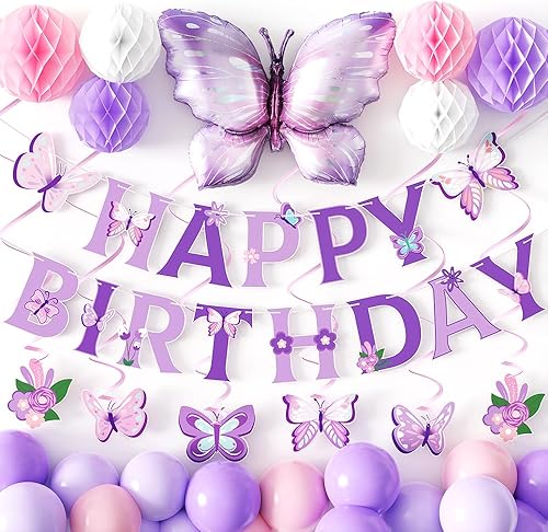 Decoraciones de fiesta de cumpleaños color morado y rosa – Cartel de feliz cumpleaños, colgante en espiral, bola de panal con globo de aluminio de