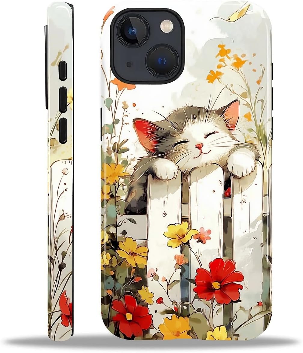 Case for iPhone 15, Hybrid Heavy Duty 2 in 1 Full Body Rugged Shockproof Protection Glossy Case for iPhone 15 - Garden Resting Cat