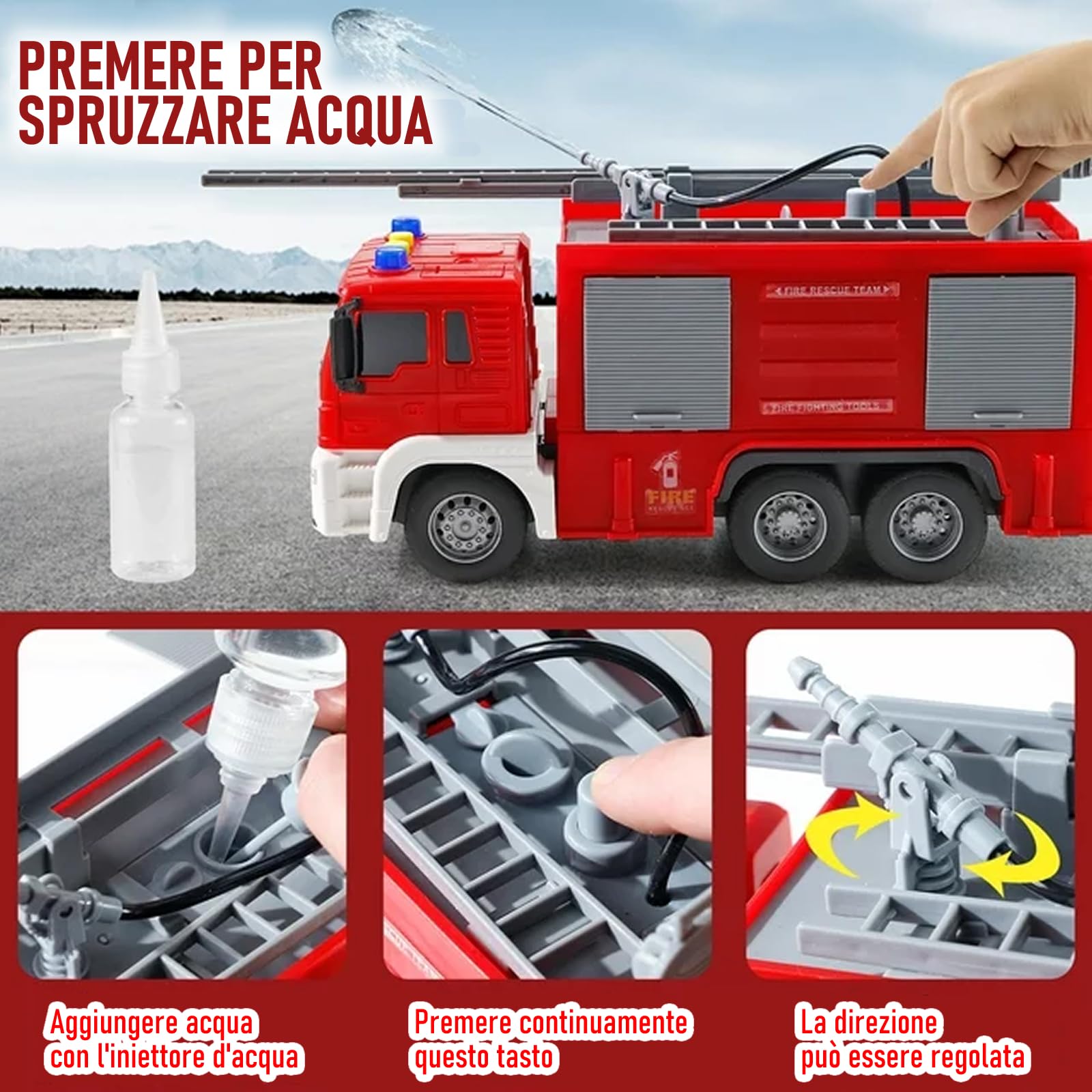 Scala 1:16 Camion Pompieri Giocattolo per Bambini, Autopompa Antincendio a Inerzia Luci & Suoni,con pompa spruzzatrice d'acqua, scala estensibile, Rosso (scala a pioli)