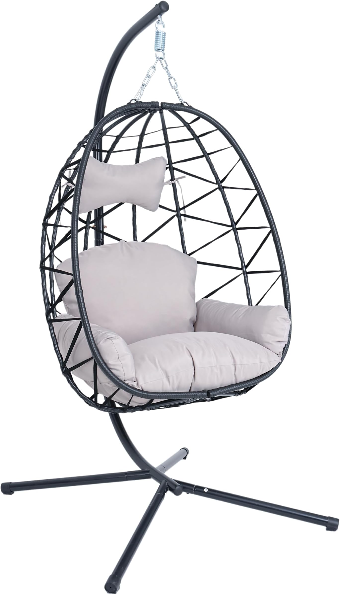 Hanging Egg Chair with Cushion & Stand, Hanging Chair Outdoor and Indoor, Foldable Hammock Chair, Garden Foldable Swing Chair, 1 Seater, 400lbs, for Patio, Balcony, Bedroom and Living Room
