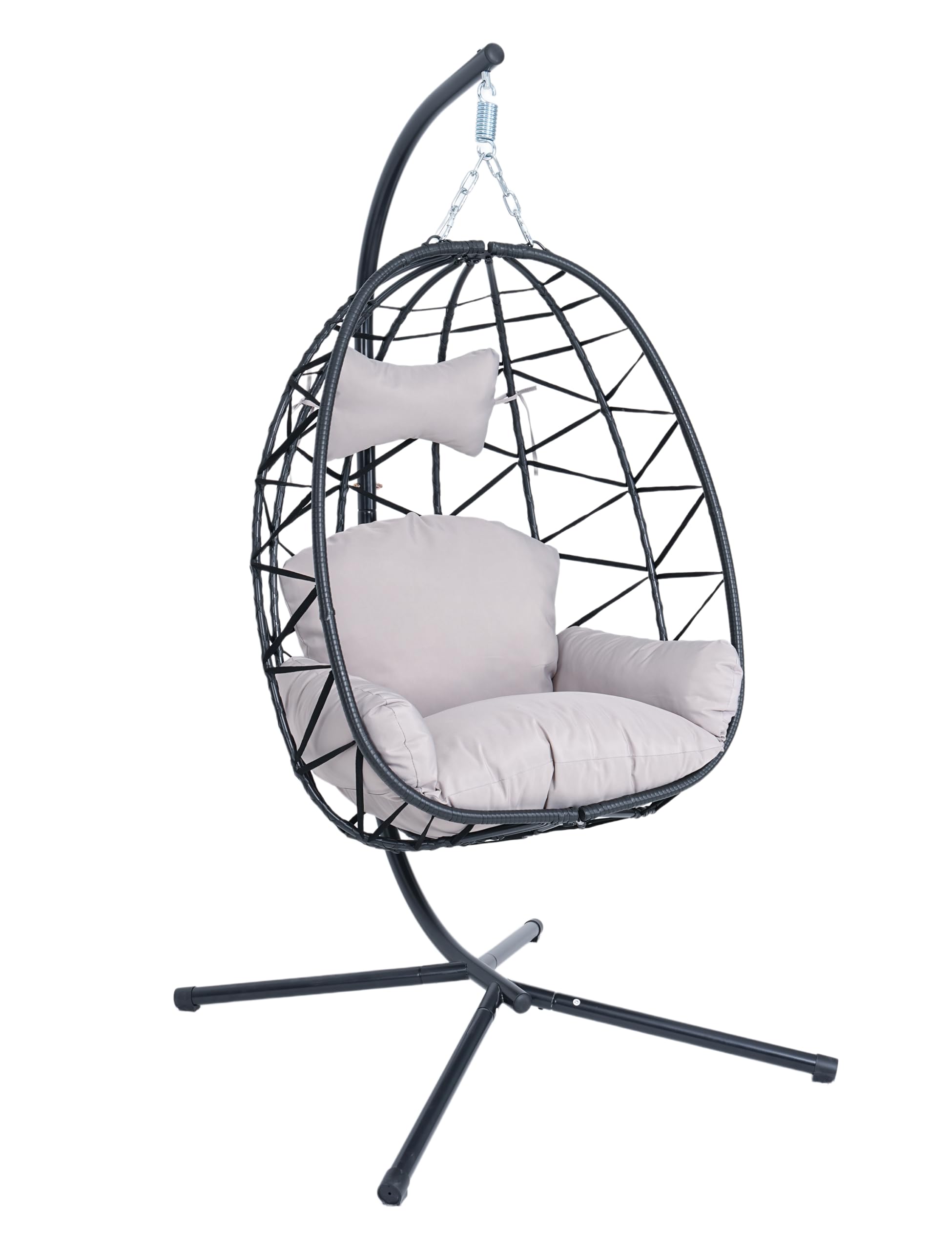 Hängesessel Ei mit Kissen & Gestell – Freistehender Hängestuhl für Innen & Außen – Faltbarer Schaukelstuhl für Garten, Terrasse & Balkon – 1-Sitzer, bis 180 kg belastbar (Schwarz)