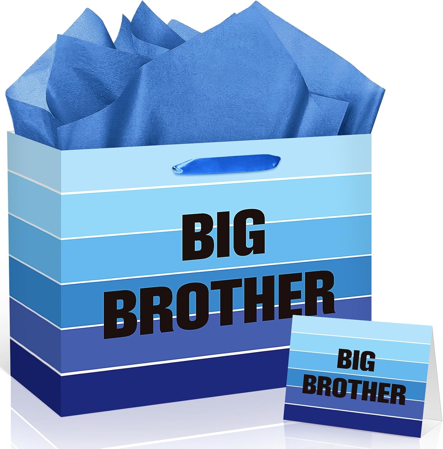 TagreSpike Blue Stripes Big Brother Gift Bag with Dark Blue Tissue Paper and Card Large Big Bro Gift Bag for Boys Gradient Blue Wrapping Paper New Brother Party Decor for Little Boy Birthday 11.8in