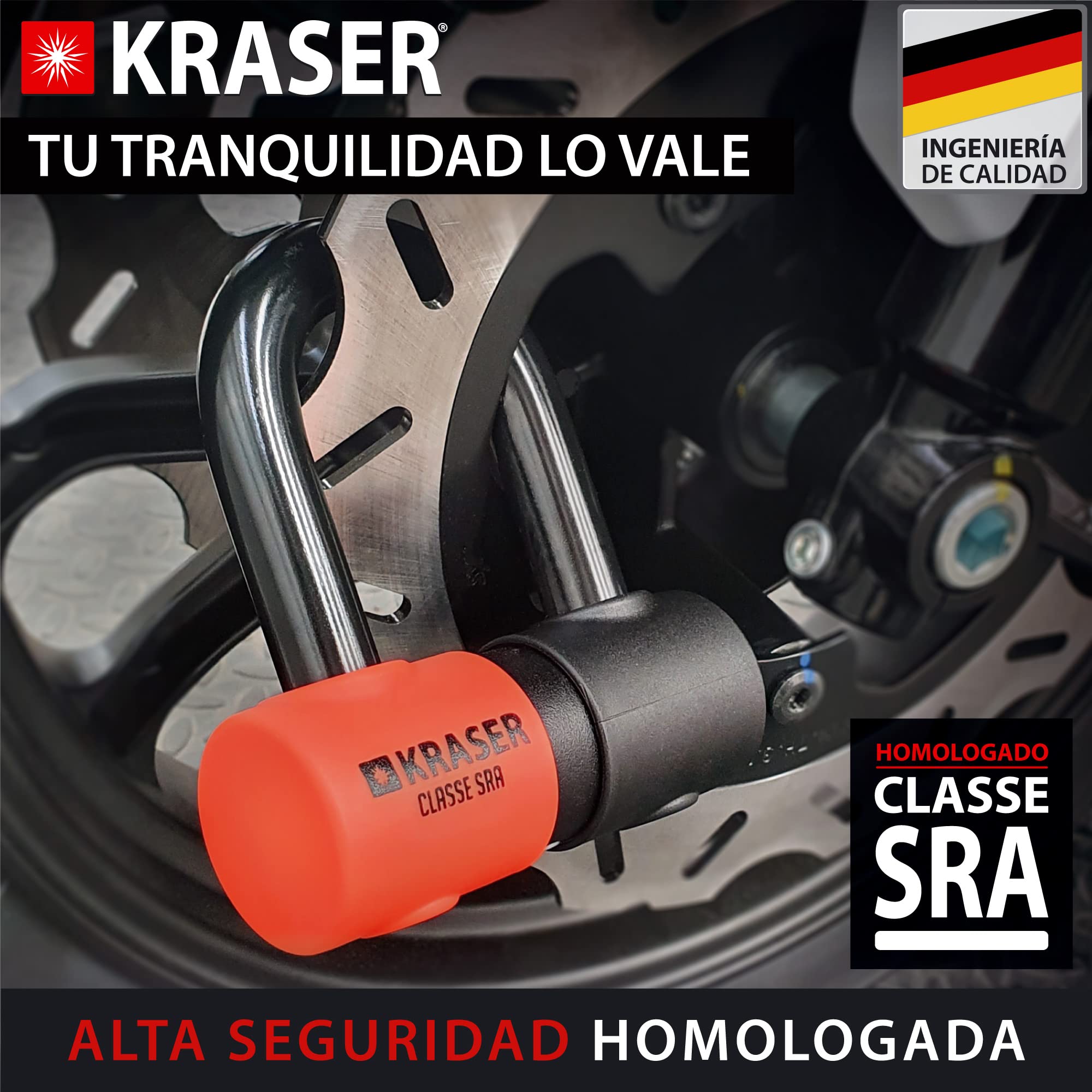 KRASER KR50 Candado Moto Disco Mini U Homologado SRA, Testado Arco de Acero Ultra Endurecido 18, Doble Cierre, Cerradura de Discos Antiganzúa, Cable Recordatorio, Bloqueo Antirrobo Cepo Disco Freno
