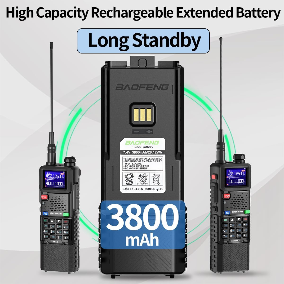 BAOFENG BF-F8HP PRO,AR-5RM Battery Rechargeable 3800mAh Extended Battery USB-C Charger Compatible with UV-5G Plus,UV-5RH PRO GPS,GM-5RH GMRS 5RM Series Ham Radio Handheld Accessories,2 Pack
