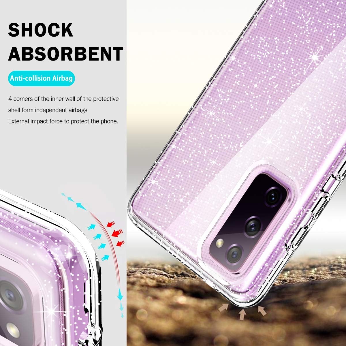 Hocase Galaxy S20 FE Case, (with 2-Pack Screen Protectors+1-Pack Camera Protector) Shockproof Soft TPU Bumper+Hard Plastic Full Body Protective Case for Samsung Galaxy S20 FE 5G 2020 - Clear/Glitter