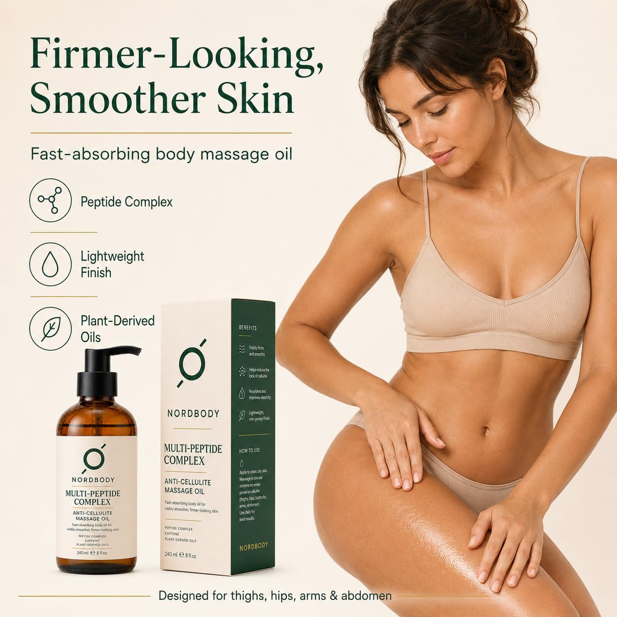 Nordbody Peptide Oil, for Firmer-Looking, Smoother Skin, Moisturizing Body Massage Oil with Copper Peptide, Caffeine & CoQ10 for Refreshed-Looking Skin, Jojoba & Grapeseed Oils, 5.07 fl oz