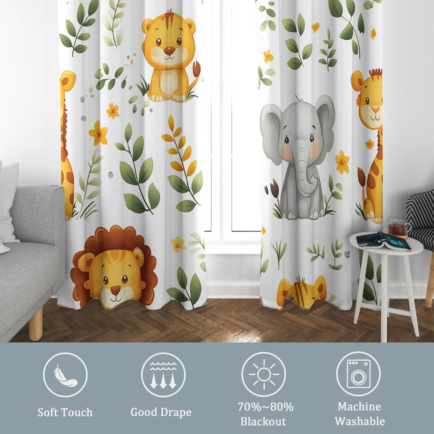 Jungle Safari Curtains, Cartoon Animal Blackout Curtains for Kids Boys Girls Bedroom Nursery, Safari Decor Grommet Window Drapes 2 Panel Set, 38" x 45" Inch Rsb220