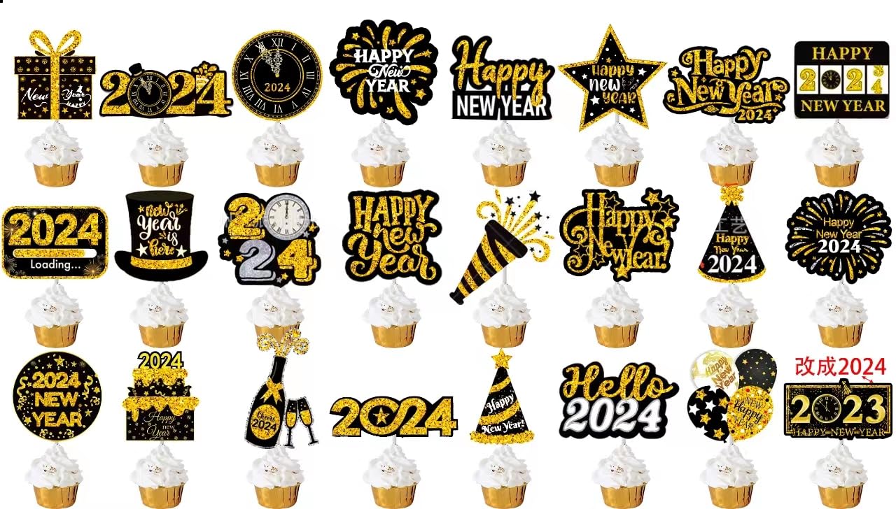48pcs Happy New Year Cupcake Toppers for 2024 Happy New Year Party Decorations