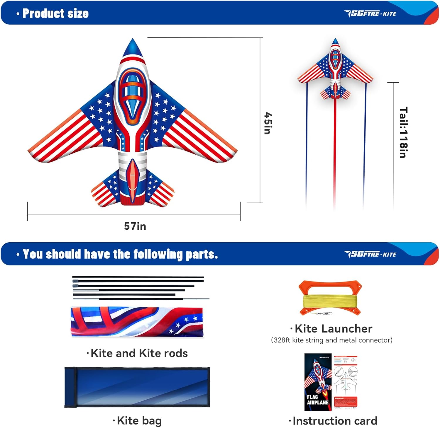 Flag Airplane Kite Easy to Fly Kids Kites for Ages 3-5, Huge Size Durable Beach Kite for Family Outdoor Games & Activities, Perfect for Kids and Adults (Flag Airplane Red Blue)