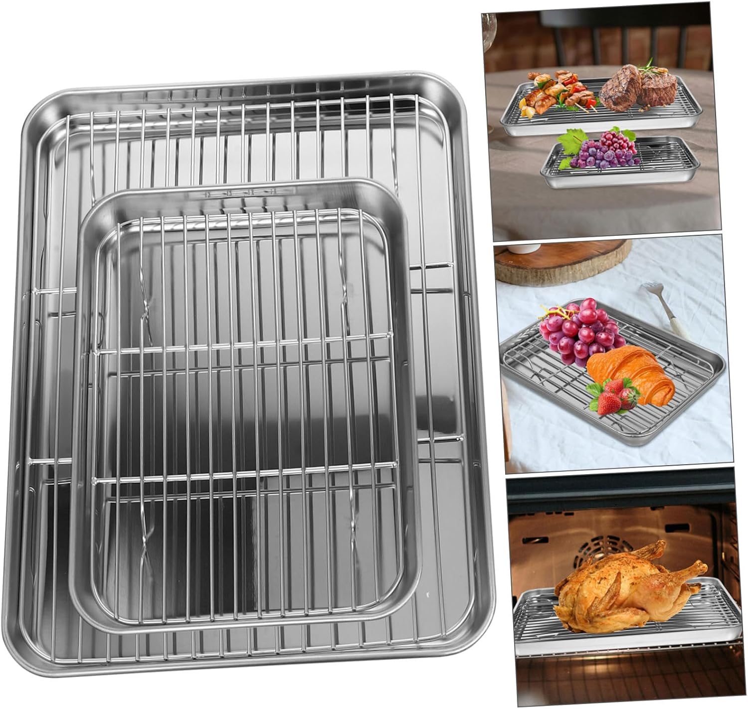 2-Piece Stainless Steel Drain Pans Set Rack for Kitchen Baking Frying Vegetable Storage Heavy Duty Cooking Accessories