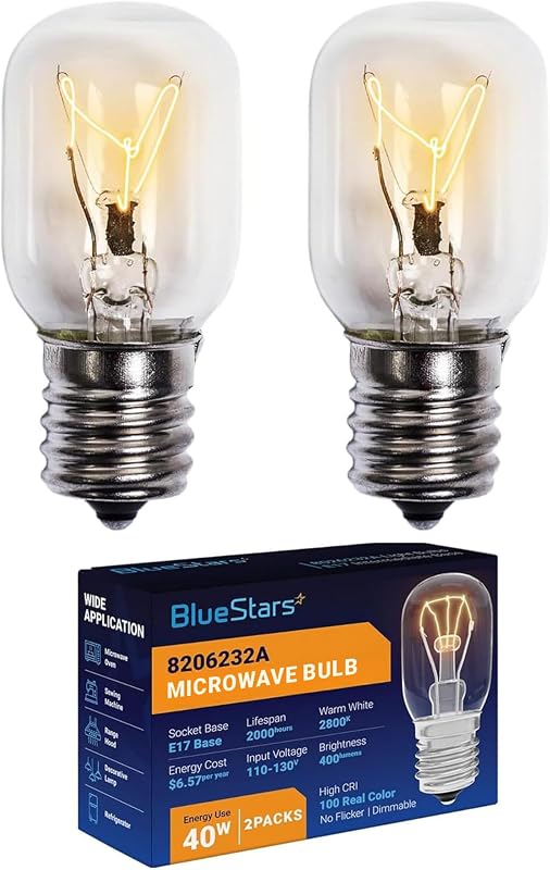 BlueStars 2 Packs 8206232A Microwave Oven Light Bulb 40W 125V E17 Base | For Whirlpool Under Hood Microwave Bulb, Replaces 1890433 8206232 AP4512653