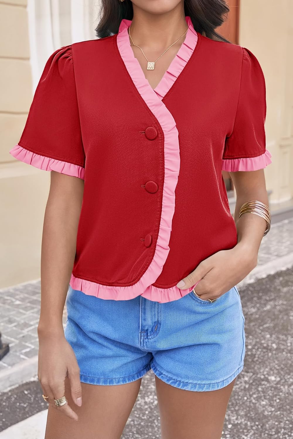 Tankaneo Womens Cropped Short Puff Sleeve Butoon Down Blouse image 2