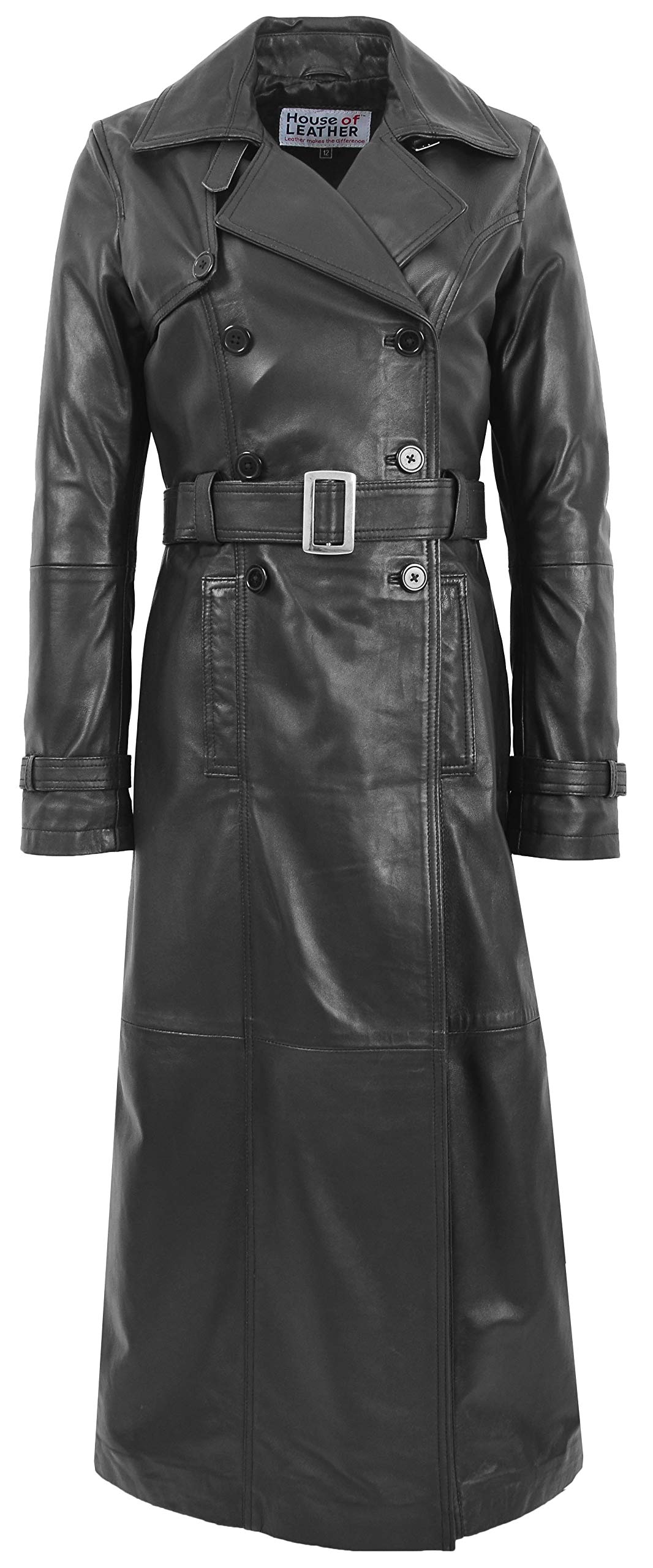 House Of Leather Women's Black Real Leather Full Length Coat Double Breasted Trench Style Sharon (20)