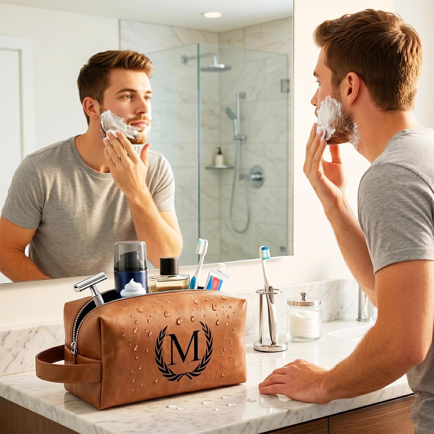 Personalized Toiletry Travel Bag for Men Father Day Gifts from Daughter Son Engraved Initial Mens Shaving Toiletry Bags Best Birthday Cool Gifts (W, Light Brown) image 3