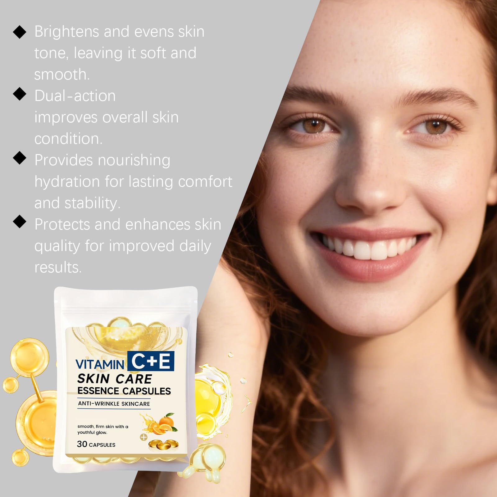 Capsule di siero di vitamina C con collagene, vitamina E siero viso anti-invecchiamento per donne e uomini, alleggerimento della pelle, riduzione delle rughe, macchie scure, linee sottili (180 pezzi)