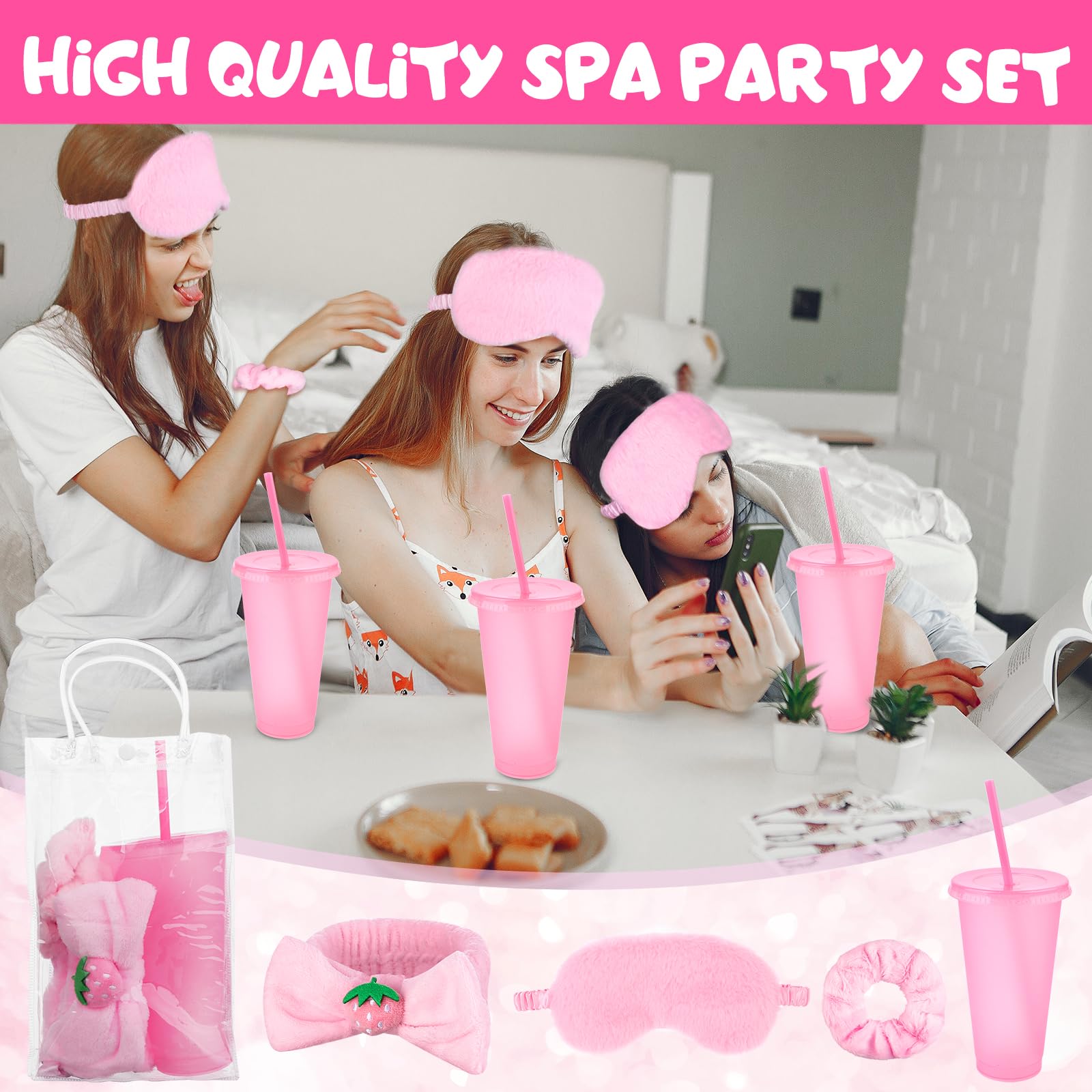 30 Pièces kit Soirée Pyjama Fille Cadeau 6 Chouchous Mignons Pour Femmes 6 Spa Masques de Sommeil En Peluche Rose 6 Gobelets à Paillettes RéUtilisables 6 Bandeaux de Maquillage 6trousses de Maquillage