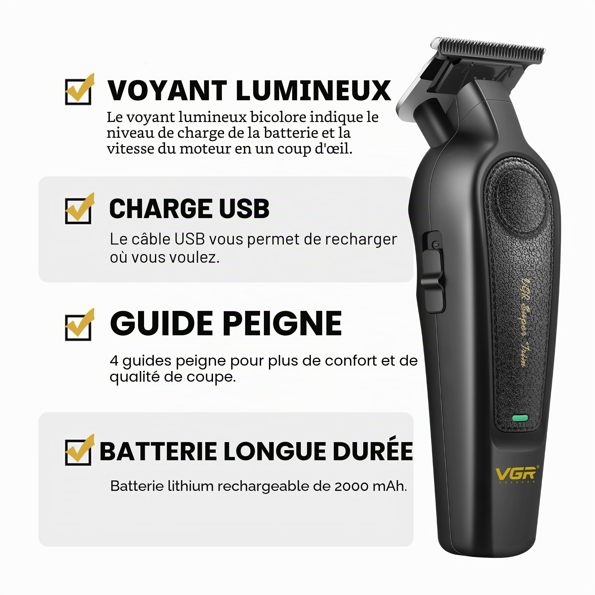 VGR 197 & 995 Tondeuse Cheveux Hommes Professionnel Sans Fil, Tondeuse Cheveux et Barbe Homme Set avec Lames en Céramique, Barber Kit avec 10 Peignes de Guidage, Indicateurs LED et Peigne