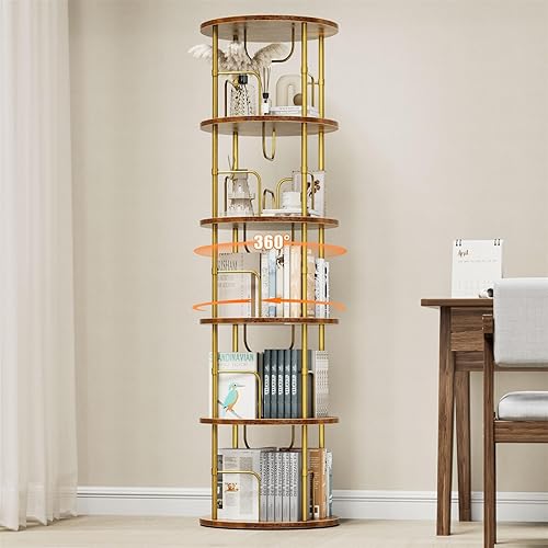 ALLSTAND 5 Tier Rotating Bookshelf, 360 Β° Display Stackable Spinning Bookshelf Tower, Narrow Space Saving Tall Floor Standing Swivel Bookcase Corner Storage Organizer for Bedroom, Living Room, Gold - 5-Tier - Gold