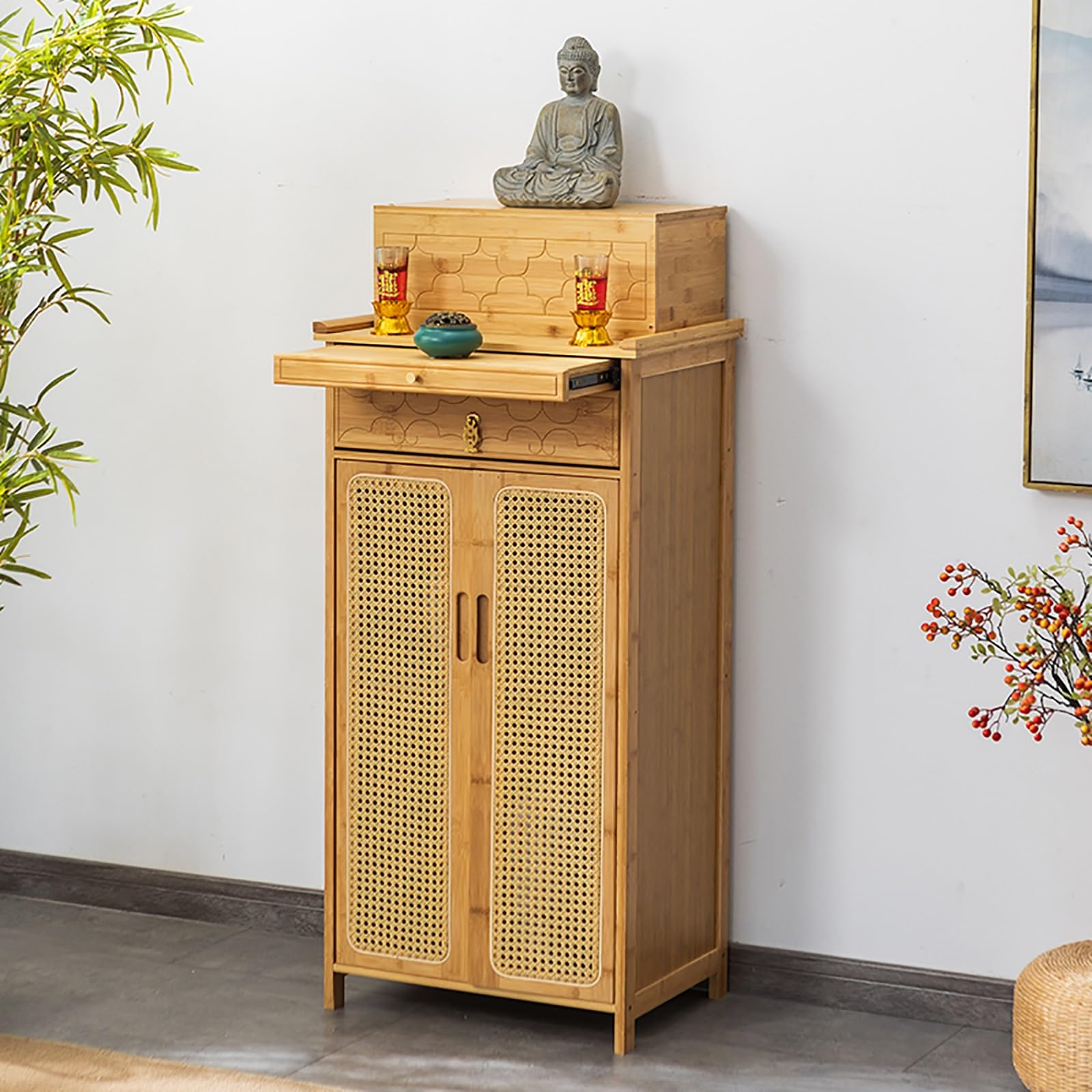 JNTFNE Bamboo Shrine Altar Table, Simple Buddhist Cabinet, Meditation Table with Storage, Chinese Buddha Niche Plastic Rattan Cabinet Door, for Spiritual(Beige,62cm/24.4in)