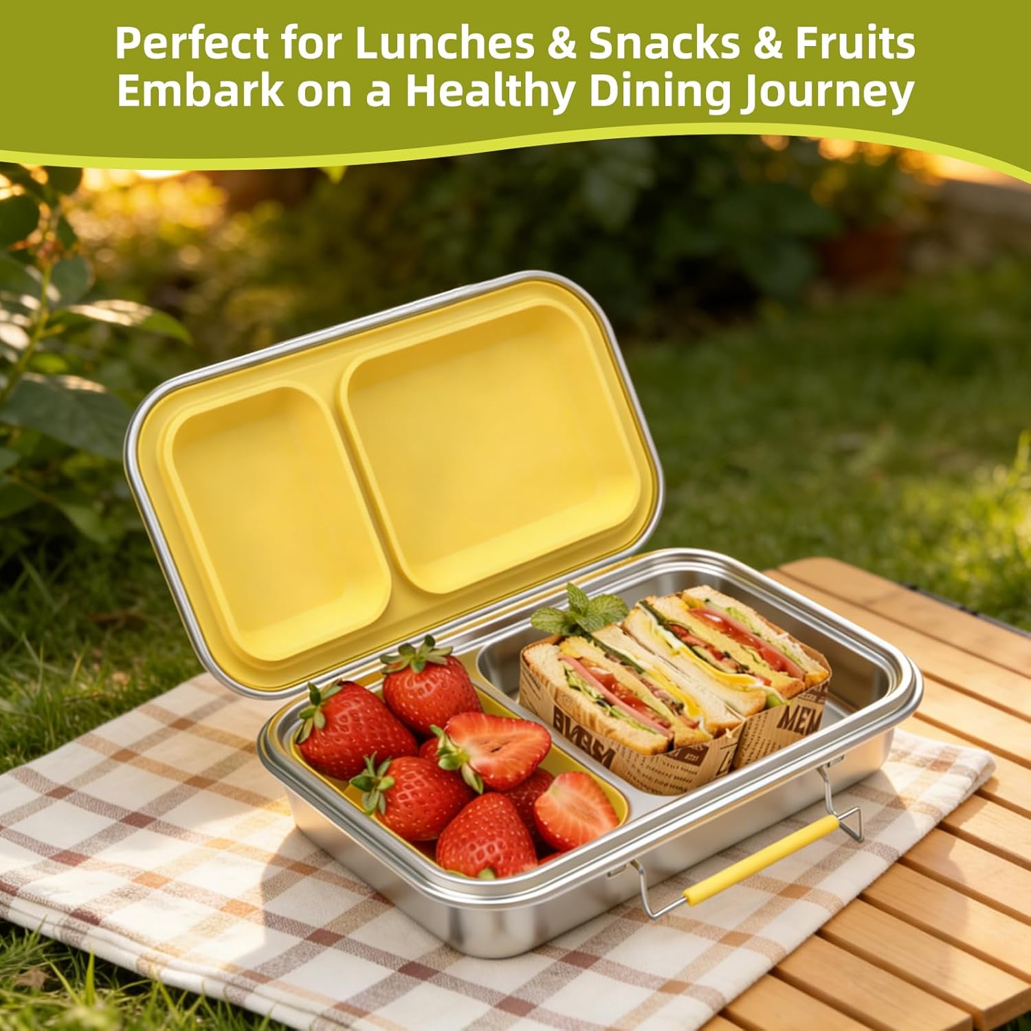 Stainless Steel Lunch box, 22.6 oz Leakproof 2-Compartments Stainless Steel Bento Box Containers,Metal Lunchbox with 2 Container, Dishwasher Safe for Adults Men Women, Office,Outdoor, BPA-Free Yellow - Image 4