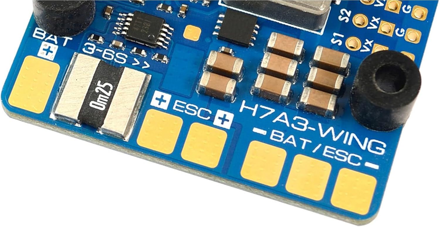 Close-up of Mateksys H7A3-WING Flight Controller power input pads