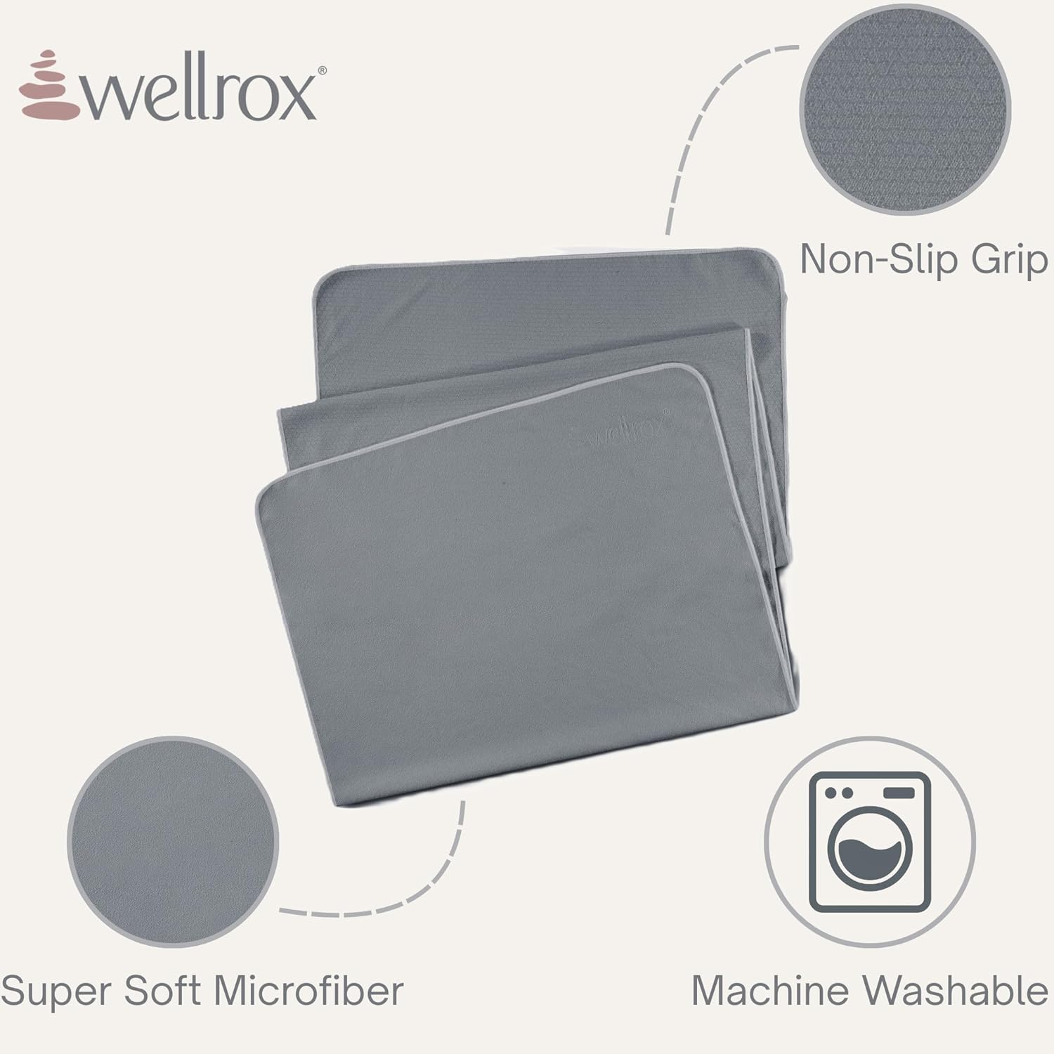 Wellrox Microfiber Yoga Mat Towel with Grip – Ultra Absorbent, Super Soft, and Quick Dry Hot Yoga Towel Non Slip for Pilates, Bikram, and Fitness Workouts (74” x 26”, Grey)