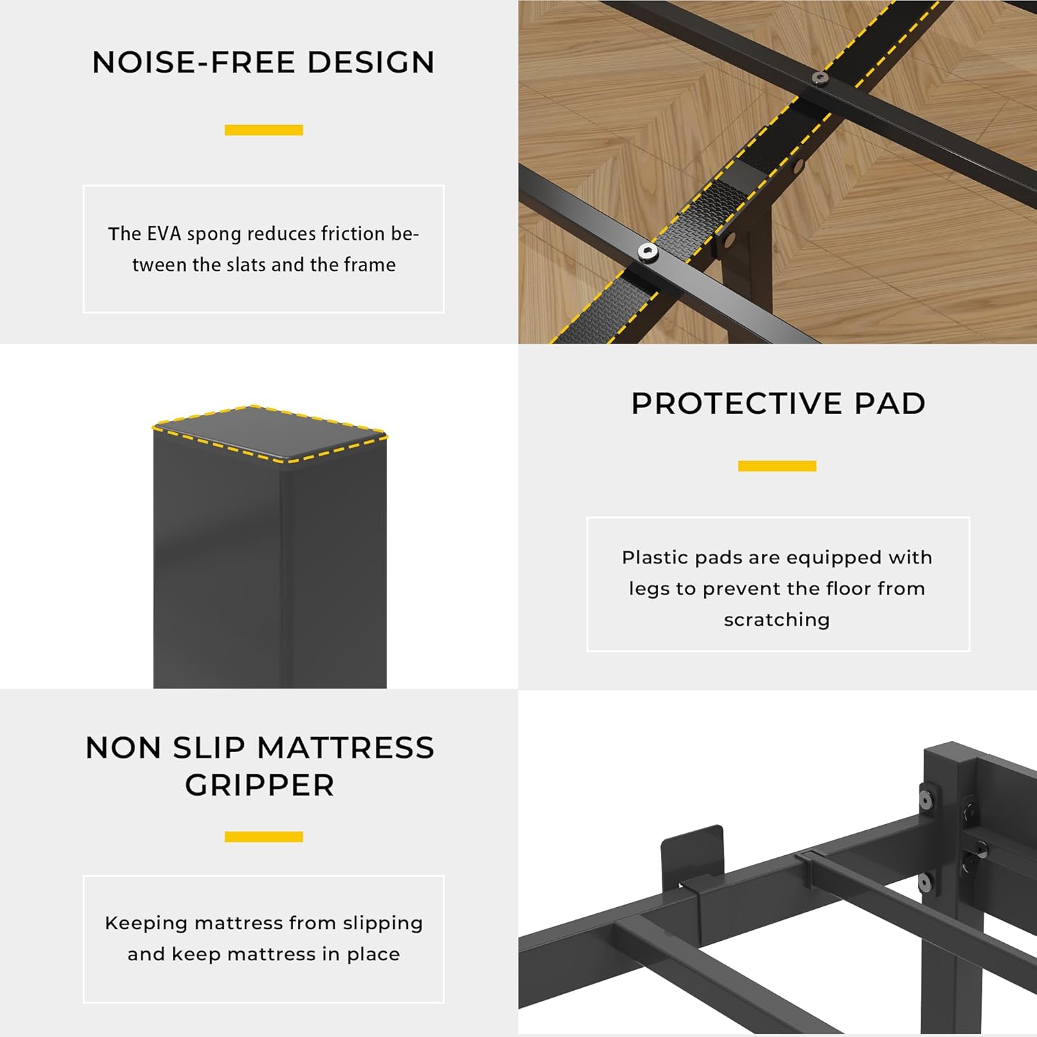 Close-up images detailing the noise-free design with foam padding, protective pads for legs, and non-slip mattress grippers.