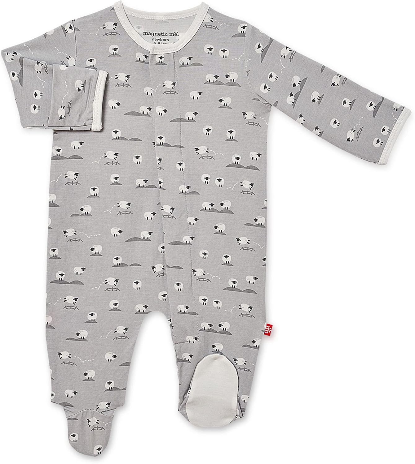 Magnetic Me Footie Pajamas Soft Modal Baby Unisex Sleepwear Quick Magnetic Fastener Sleeper Baa Baa Baby Gray 3-6 Months