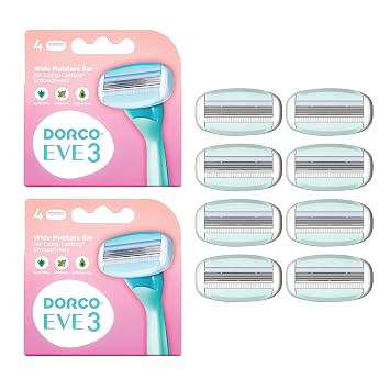 مجموعة DORCO eve من 3 شفرات حلاقة للحلاقة السريعة والسهلة بدون مقبض، 8 قطع من عبوات شفرات الحلاقة، 3 شفرات منحنية للحلاقة مع شريط ترطيب الصبار، خرطوشة قابلة للتبديل للبشرة الحساسة