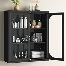 Bathroom Wall Cabinet with Transparent Doors, Metal Wall Cabinet with Adjustable Shelves,Over the Toilet Glass Wall Mounted Storage Cabinet for Bathroom, Kitchen, Laundry Room-Black