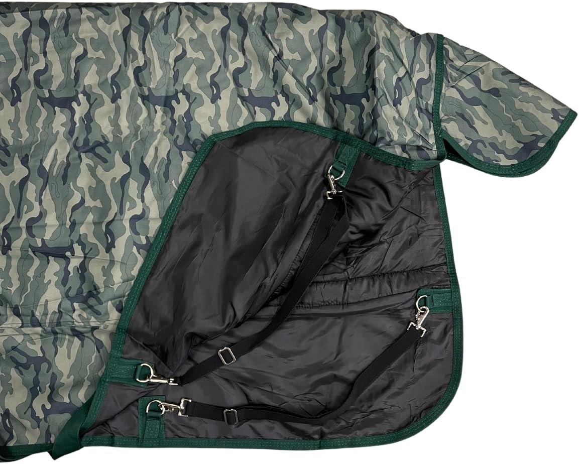 AJ Tack 1200D Waterproof Winter Horse Blanket with Storage Bag - 400g Heavyweight Turnout with Fleece Collar, Shoulder Gussets & Tail Flap - Camouflage 82"