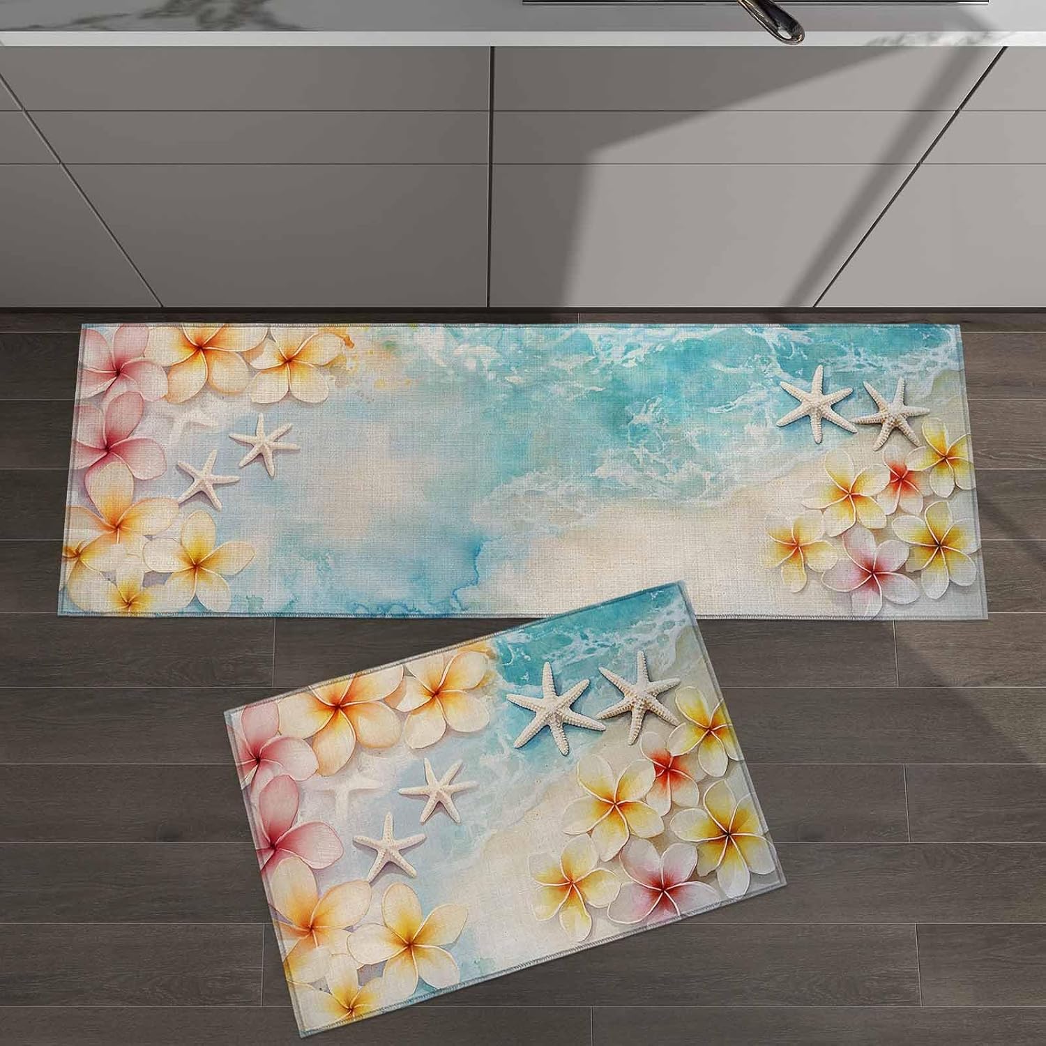 2 Pieces Kitchen Rugs and Mats,Coastal Beach Flower Starfish Area Runner Rug Set Non Slip Floor Doormat Washable Carpet Standing Mat for Kitchen Sink Indoor Corridor,Summer Ocean Wave Scenery