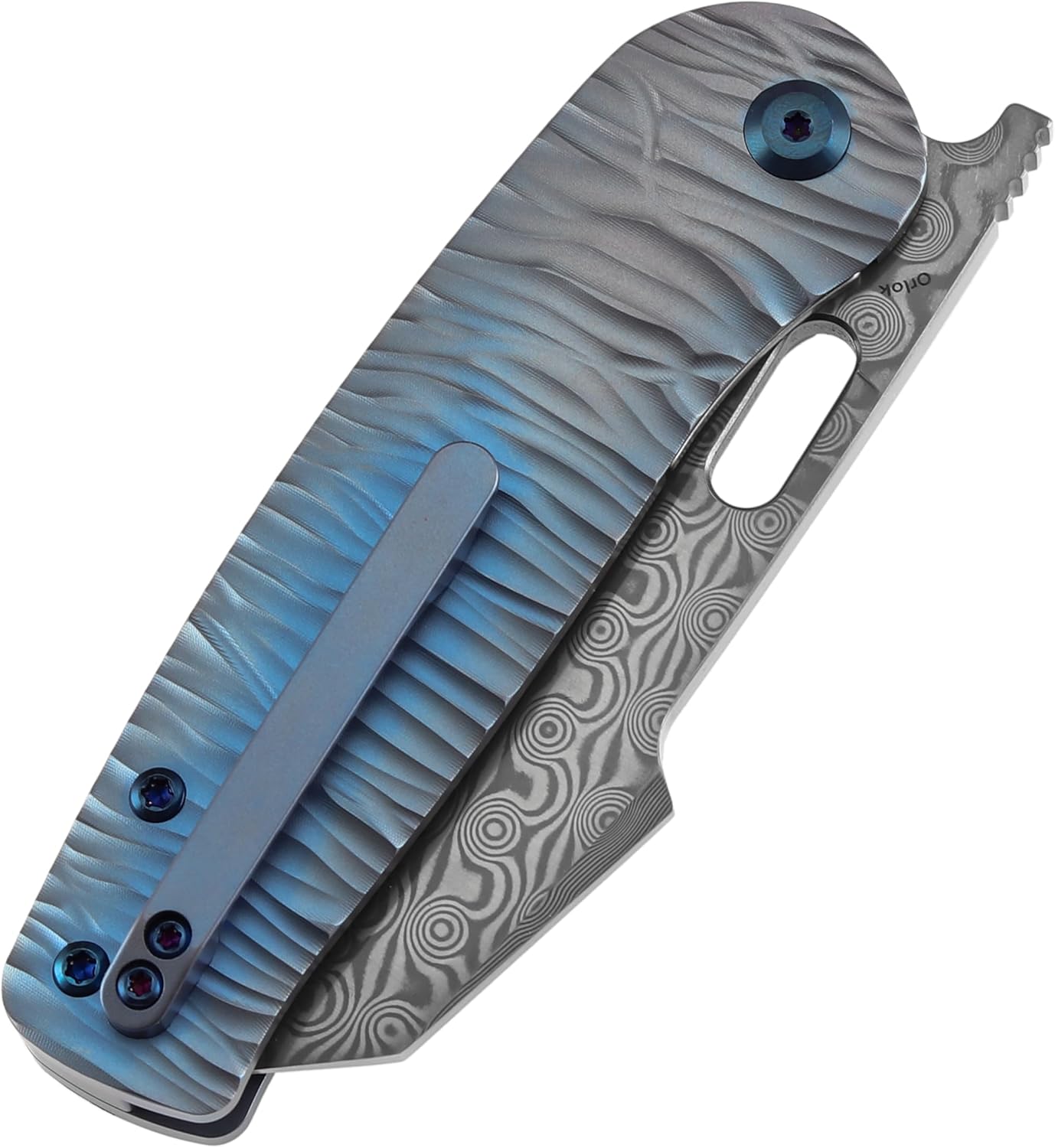 KANSEPT Orlok Pocket Knife, 3'' Damascus Blade with Thumb Hole, Blue Titanium & Rock Texture Handle & Flipper, Nested Liner Lock & Double Sided Clip for EDC Camping Folding Knives K2111A5