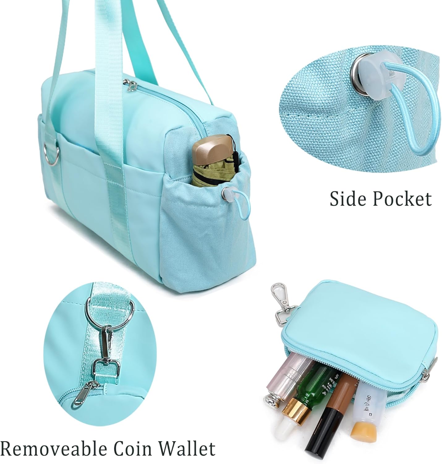 Everyday Mini Gym Bag for Women 2.0, Small Tote with Zipper Compartment Waterproof Travel Duffle Cute Handbag Workout Carry On with Removeable Shoulder Strap & Coin Wallet Easy to Clean - Blue - Image 5
