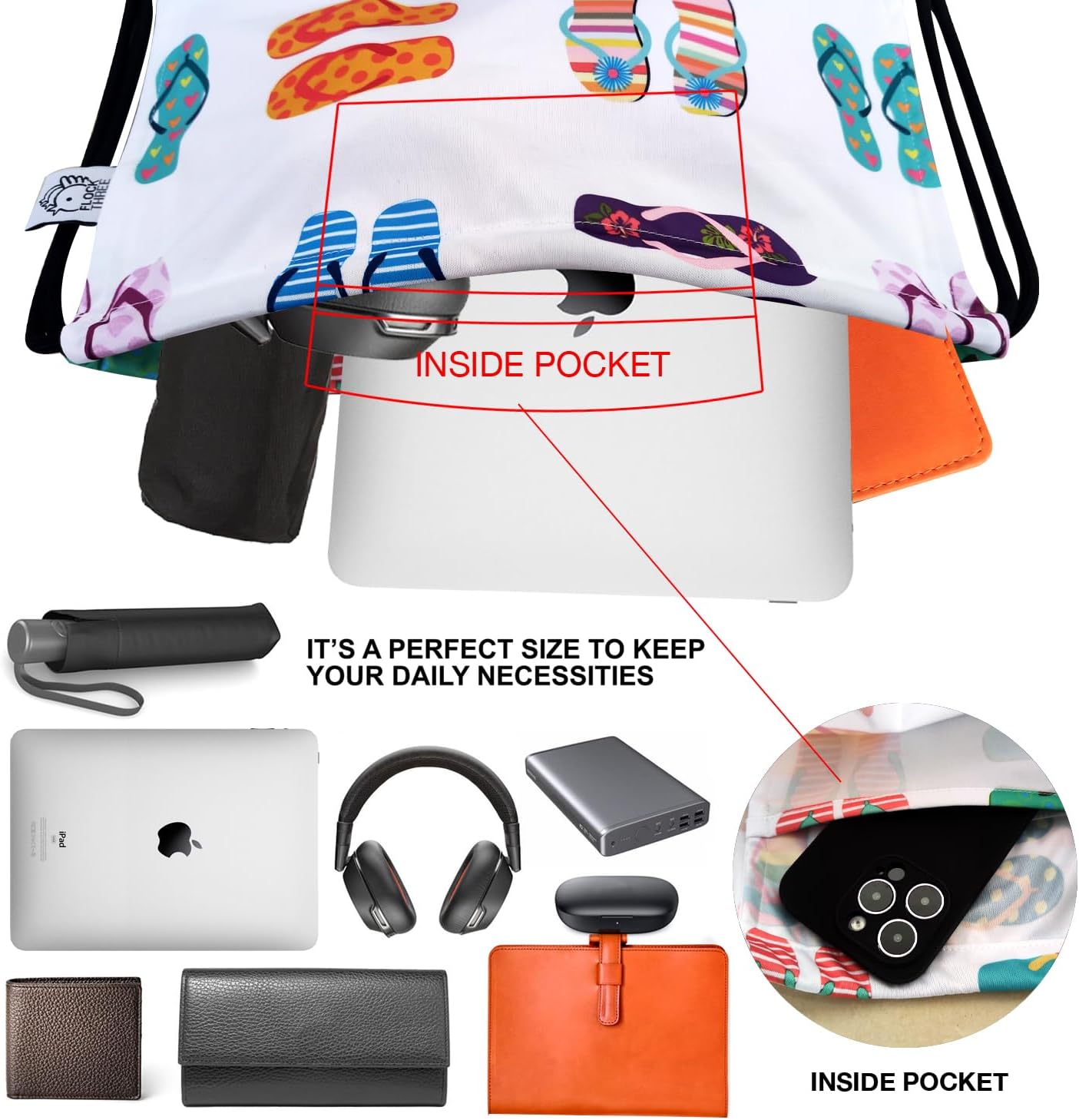 Leakproof Drawstring Backpack Sports Gym Bag Large Capacity With Pocket for Sports Gym Travel Swimming Beach (Slipper) image 5