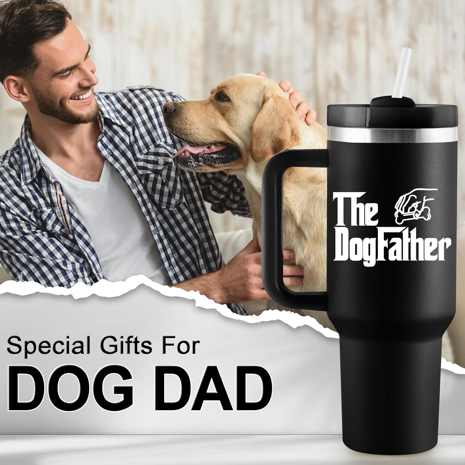 Dog Dad Gifts for Men - Christmas Dog Dad Gifts - Dog Lover Gift for Men - 40oz Travel Cup Insulated Tumbler with Handle & Straw - Image 2