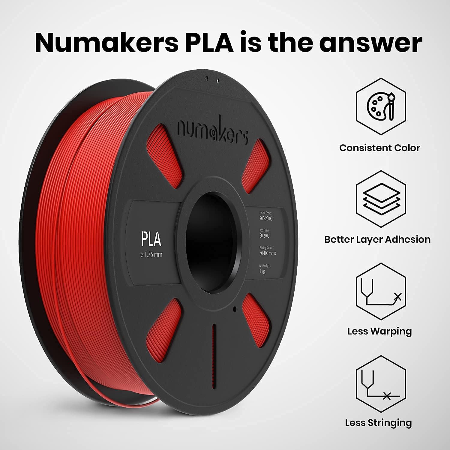 NUMAKERS PLA+ 3D Printer Filament, 1.75mm, Dimensional Accuracy +/- 0.03 mm, 1 kg Spool (2.2 lbs), Compatible with Most FDM Printers (Red)
