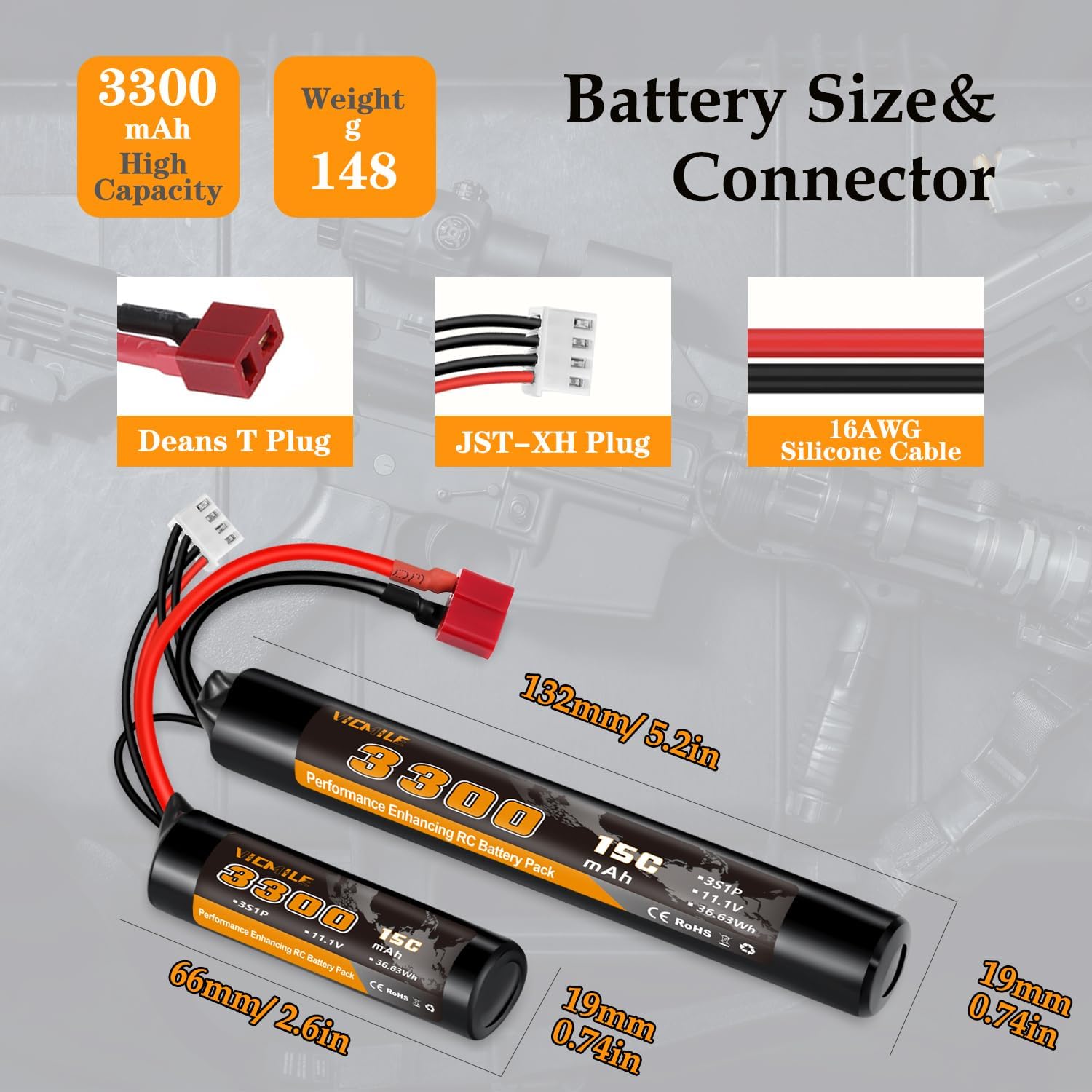 3300mAh Airsoft Battery 11.1V Nunchuck Battery with Dean-Style T Plug and Mini Tamiya Cable 3S Rechargeable Stick Shape Butterfly Fit for aeG AK47 M4 MP5 and Most Airsoft Model Guns Rifles