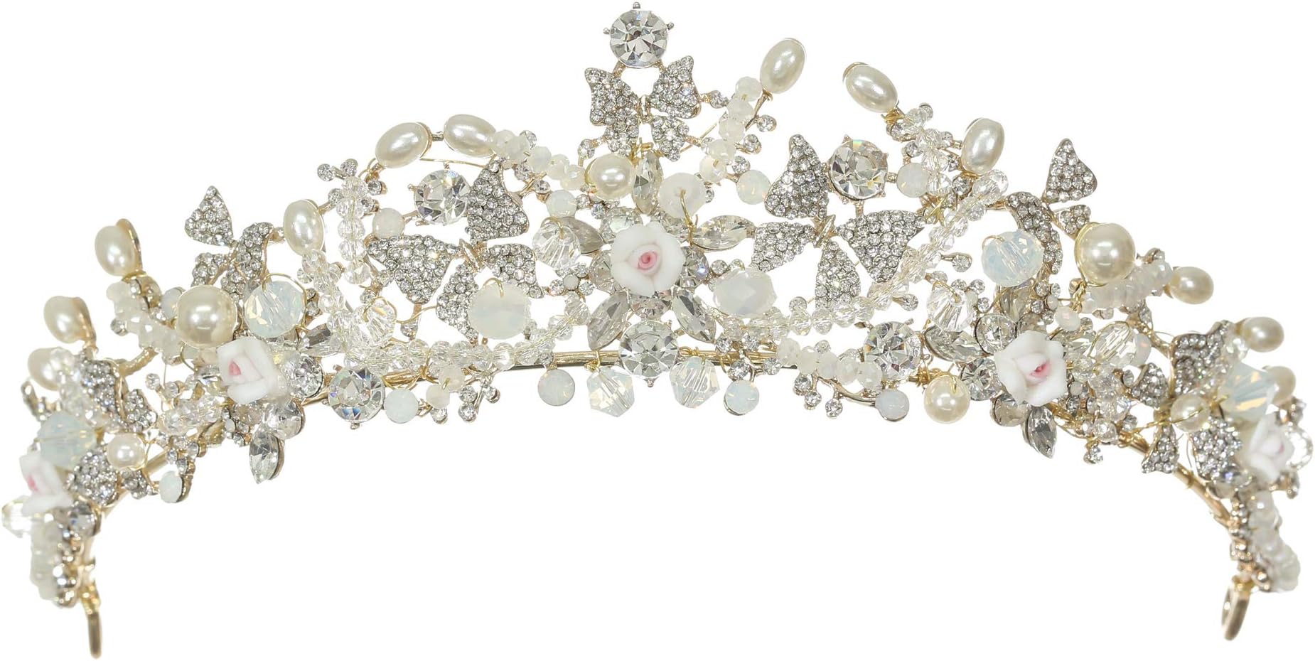 SAMKYHandmade Faux Pearl Crystal Flower Butterfly Wreath Tiara Crown - Gold T1245