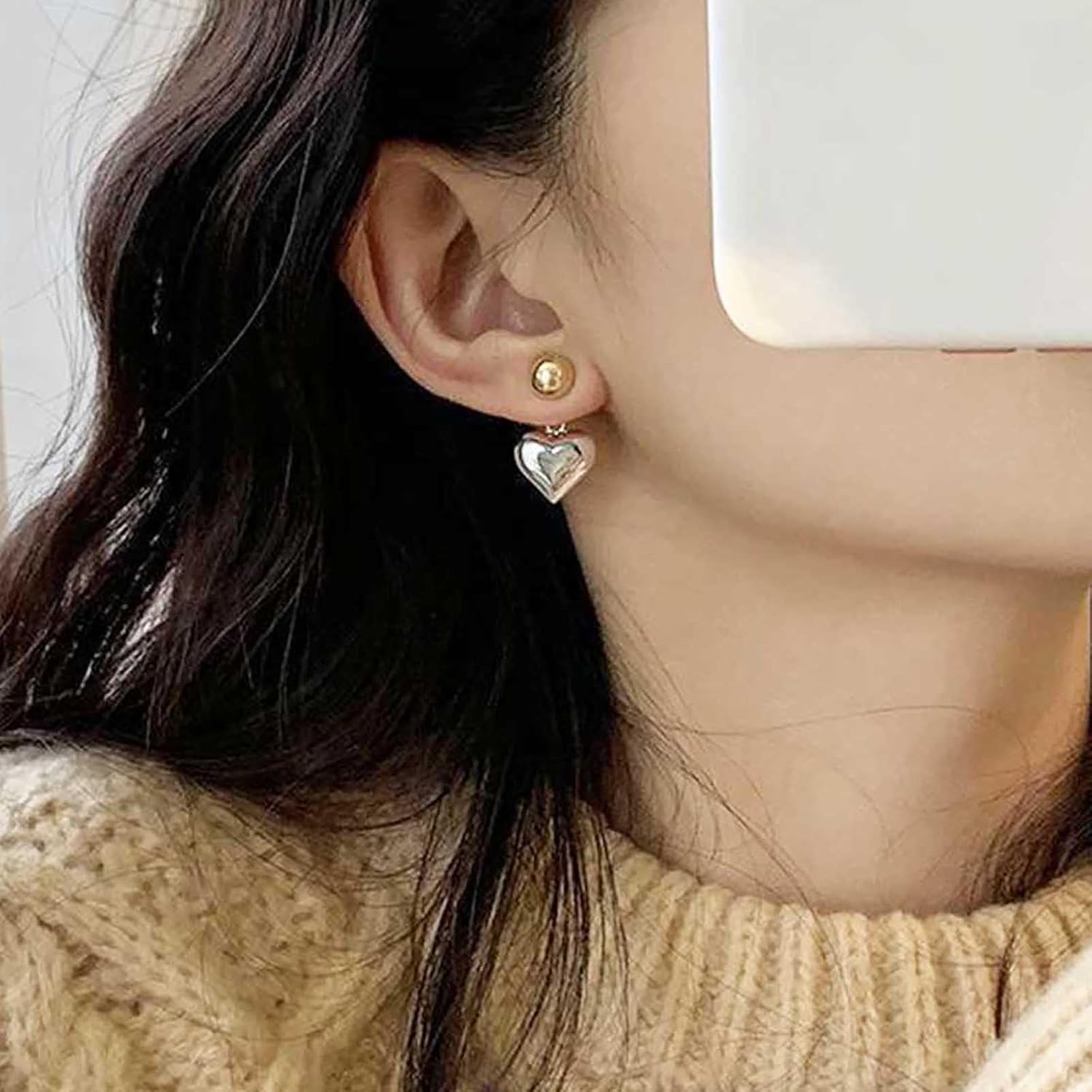 W WEILIRIAN Boho Heart Jacket Earrings for Teen Girls Gold Bead Stud Earrings Love Heart Dangle Earrings Two Ways Front Back Earrings Jewelry for Women Gifts - Image 5