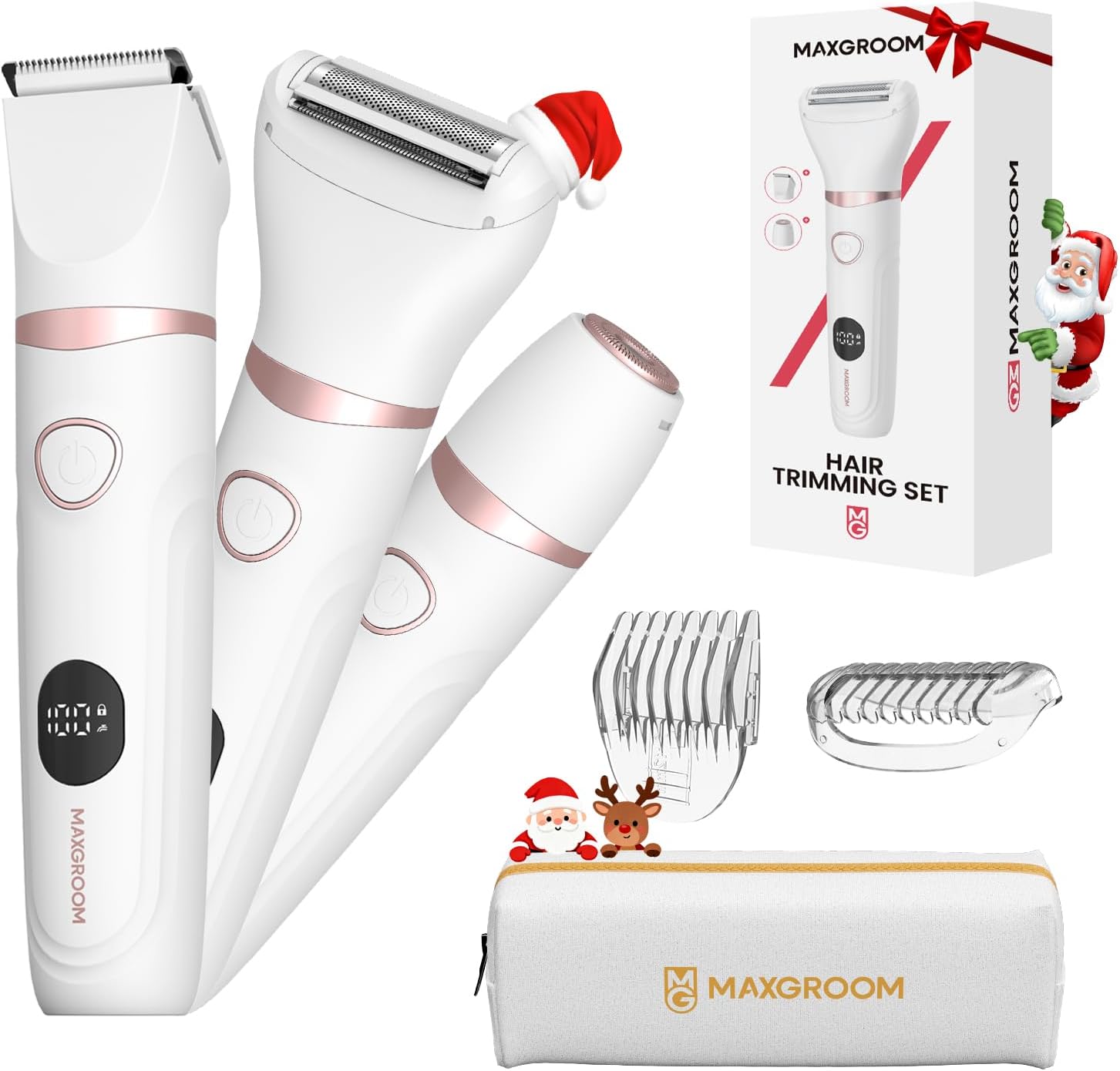 MAXGROOM Bikini Trimmer Women, 3-in-1 Painless Electric Razor for Pubic Hair, Waterproof Cordless Lady Shaver with LED Light, Travel Pouch & Easy Cleaning