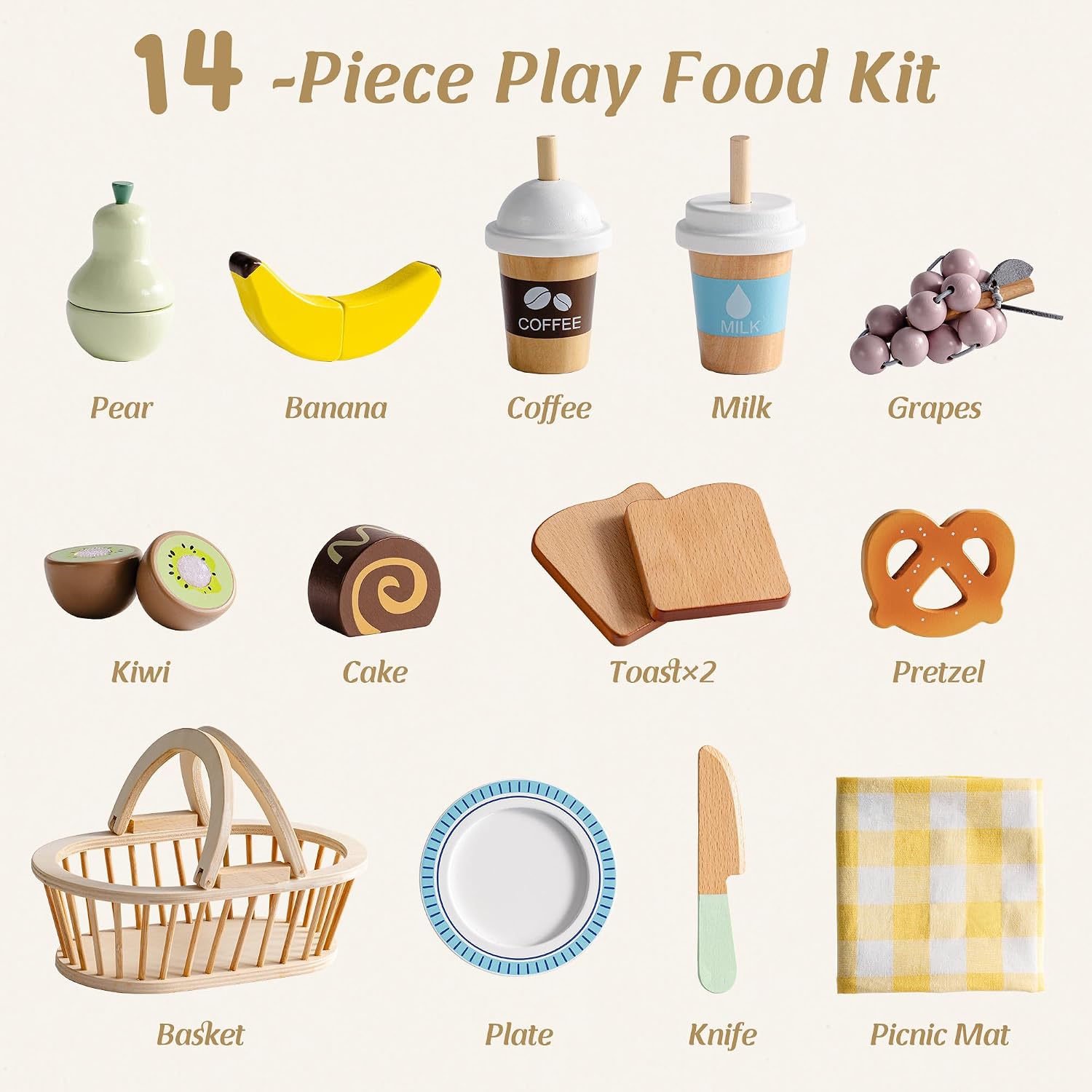 ROBOTIME Wooden Play Food Sets for Kids Kitchen, 14 PCS Toy Food Pretend Play Picnic Basket with Fruits, Desserts, Drinks & Utensils, Play Kitchen Food for Indoor & Outdoor Camping Fun, Ages 3+