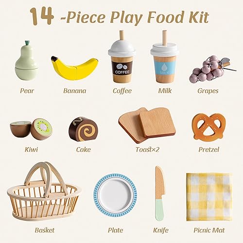 Miniatura 2 de ROBOTIME Juegos de alimentos de madera para cocina de niños, 14 piezas de juguetes de comida de simulación, cesta de picnic con frutas, postres,
