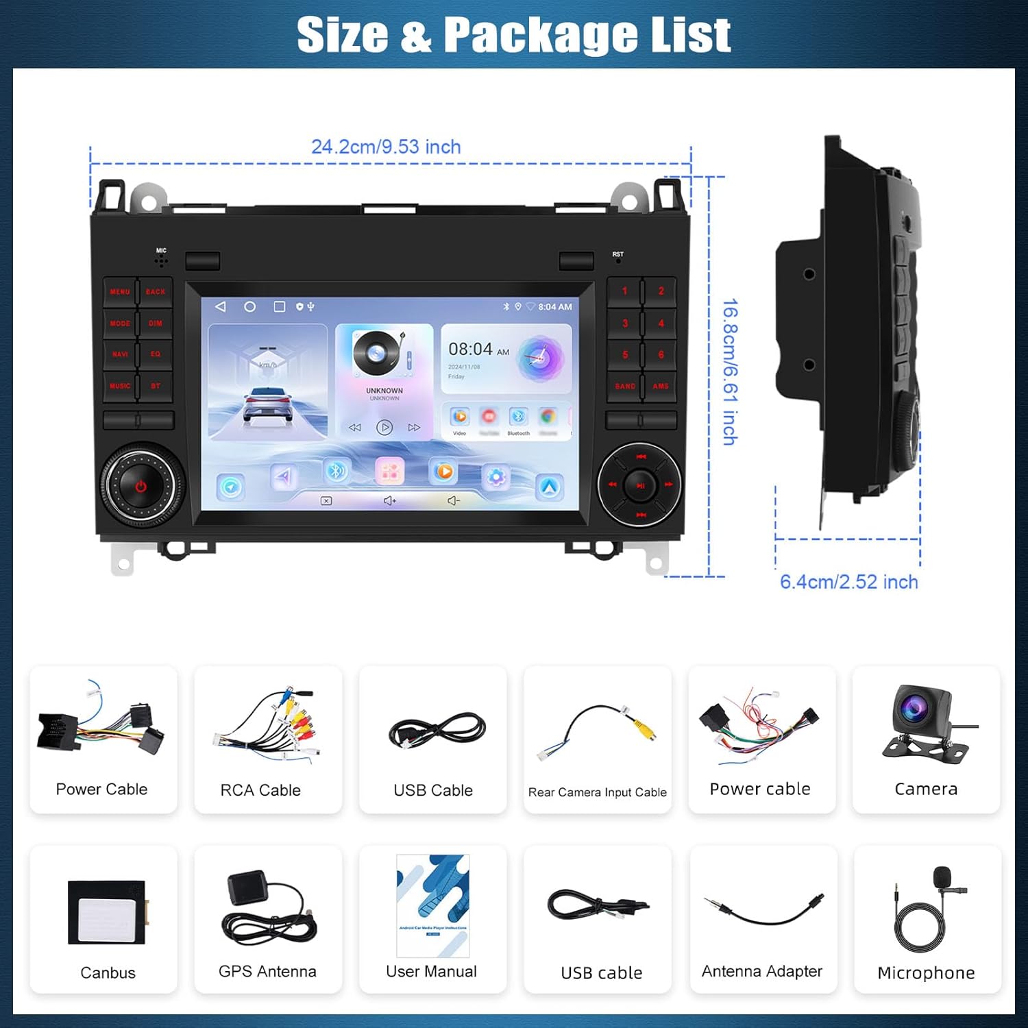 Diagram showing the dimensions of the autoradio unit and a list of included accessories: Power Cable, RCA Cable, USB Cable, Rear Camera Input Cable, Power Cable, Camera, Canbus, GPS Antenna, User Manual, USB Cable, Antenna Adapter, Microphone.