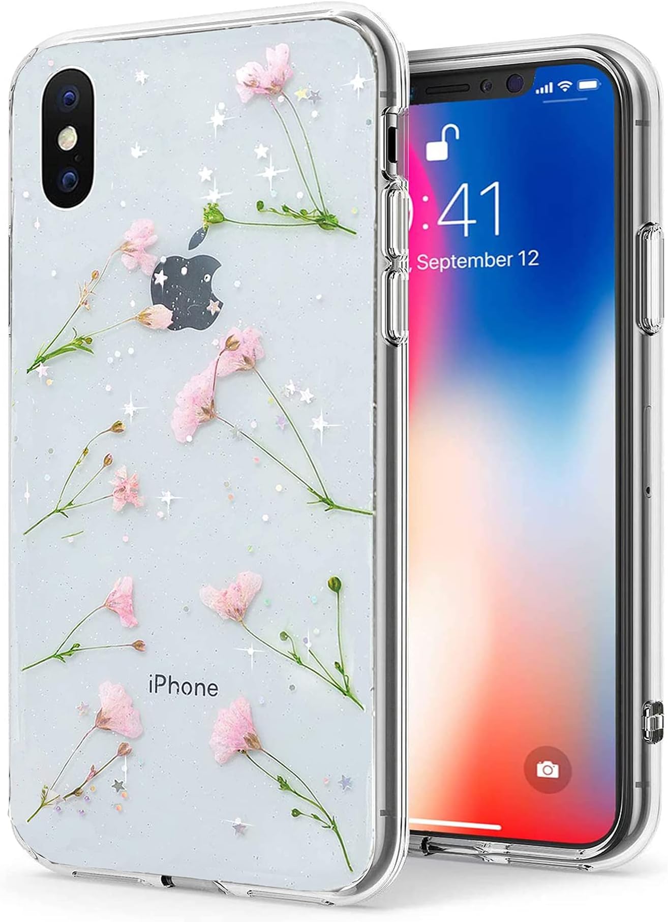 Compatible with iPhone X/XS Flower Case, Feibili Soft Clear Flexible Rubber Pressed Dry Real Flowers Case Girls Glitter Floral Cover for iPhone X/XS (Pink, iPhone X/XS)