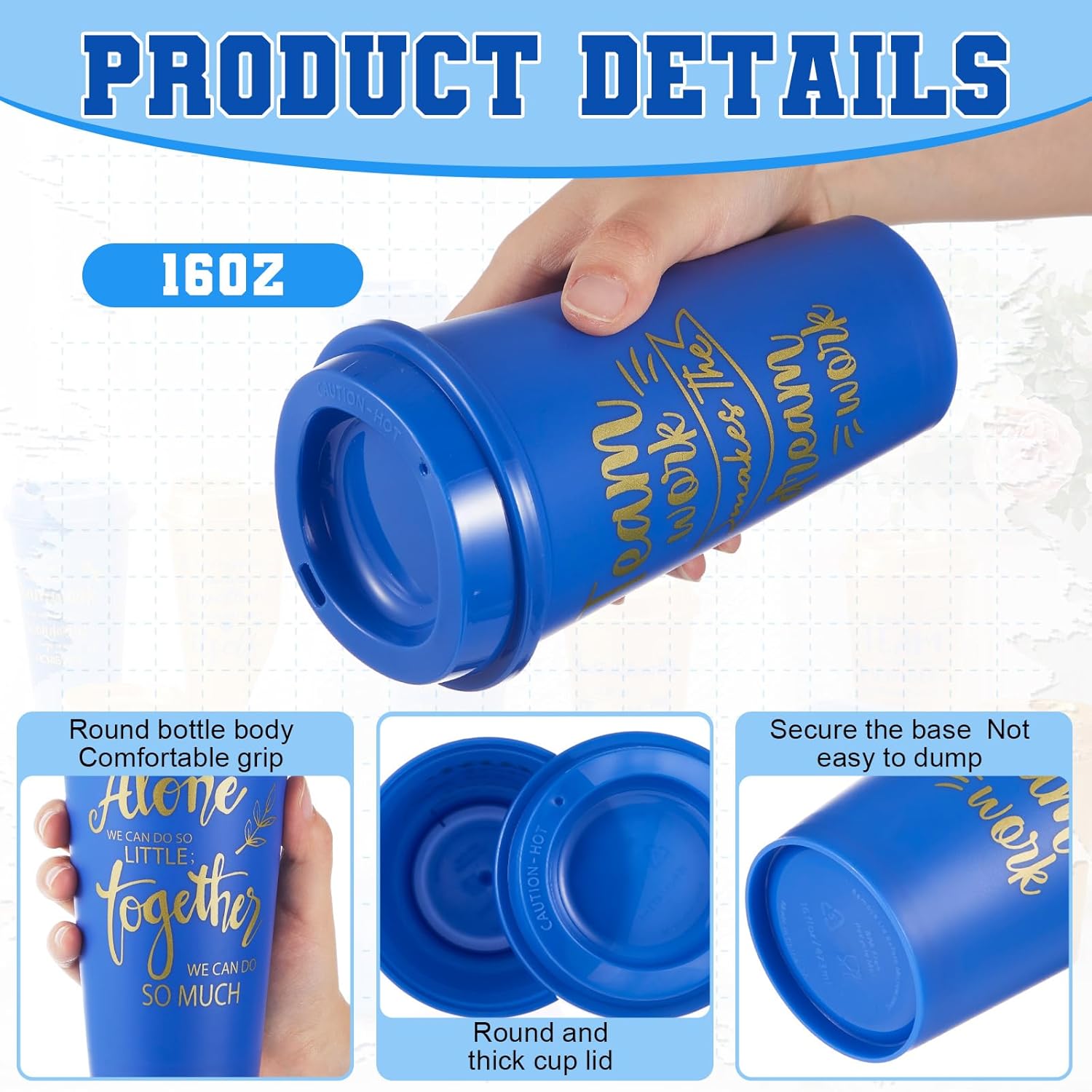 12 Pcs Appreciation Cups Gifts, Team Coffee Mugs for Office Coworkers Employee Staffs, 16 oz Reusable Plastic Cups with Lids, Gifts for Staff at Work (Gold,Blue) - Image 3