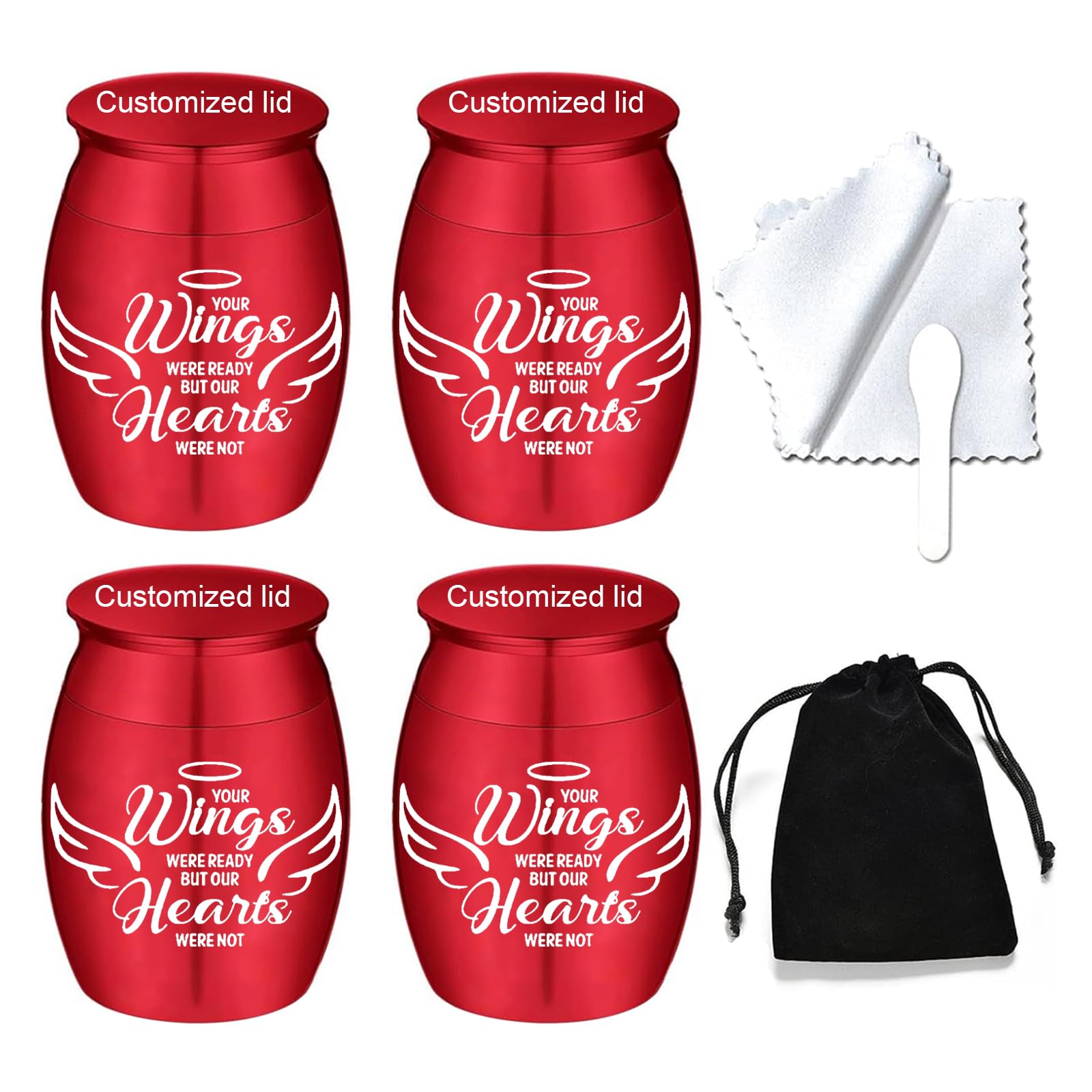 Small Keepsake Urns for Human Ashes Angel Wings Cremation Urns for Ashes 4 Piece Stainless Steel Funeral Memorial Ashes holder-Your Wings Were Ready, But My Heart Was Not (4Pcs-Red Customized)