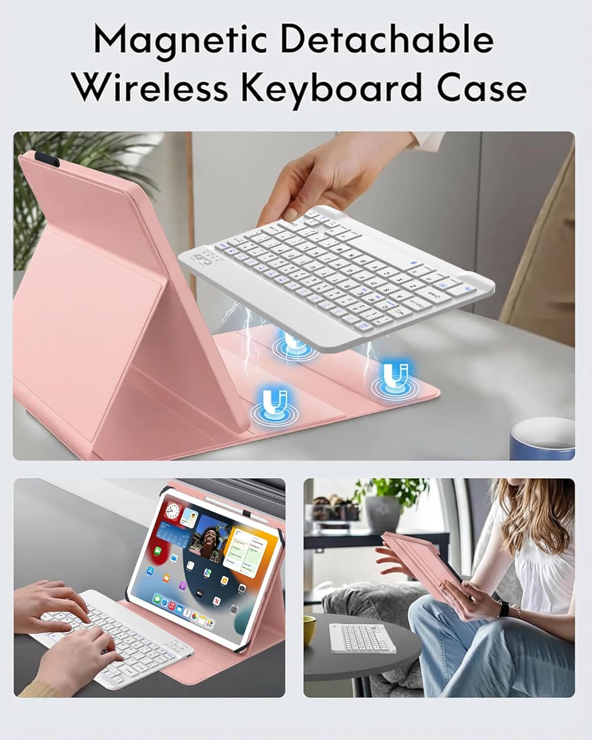 Universal Tablet Keyboard Case for 9",9.7",10.1",10.2",10.5",10.9",11" Tablets, Rechargeable Wireless Bluetooth Keyboard, Smart Folio Leather Cover with Stretch Strap for Android/iOS/Windows Tablet