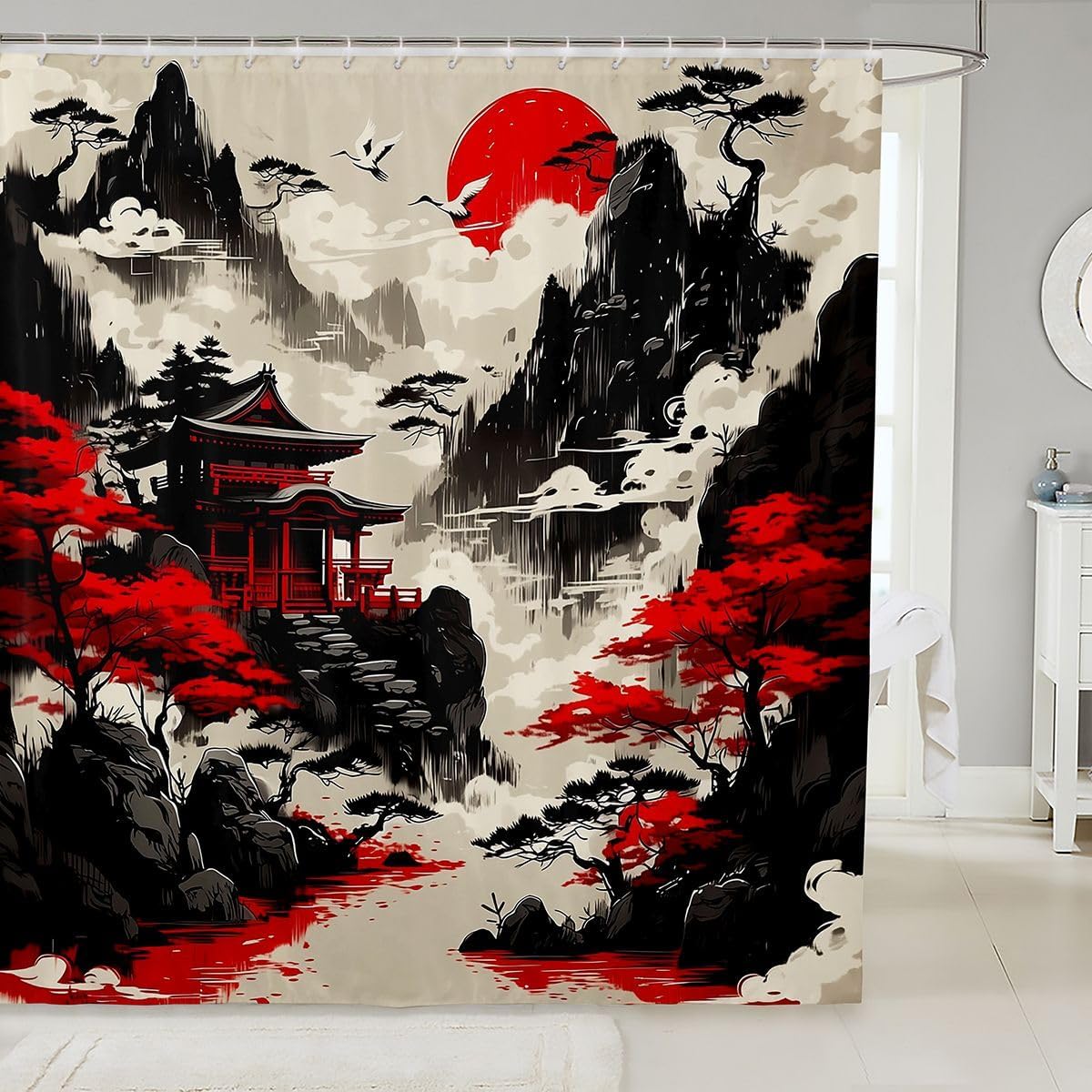 Feelyou Japanese Style Building Shower Curtain for Bathroom Decor Anime Sunset Bath Curtain for Stalls Bathtubs Romantic Exotic Bathroom Accessories Waterproof Polyester Fabric with 12 Hooks 72"x78"